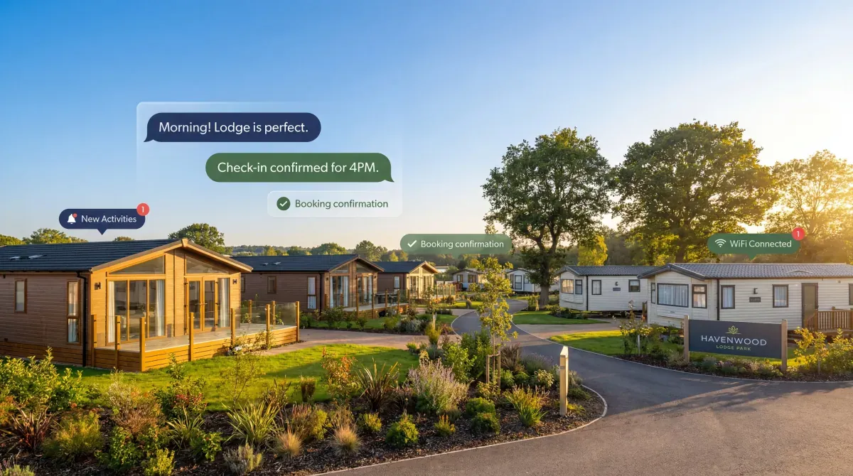 Modern UK holiday park with AI automation notifications showing booking confirmations and guest services